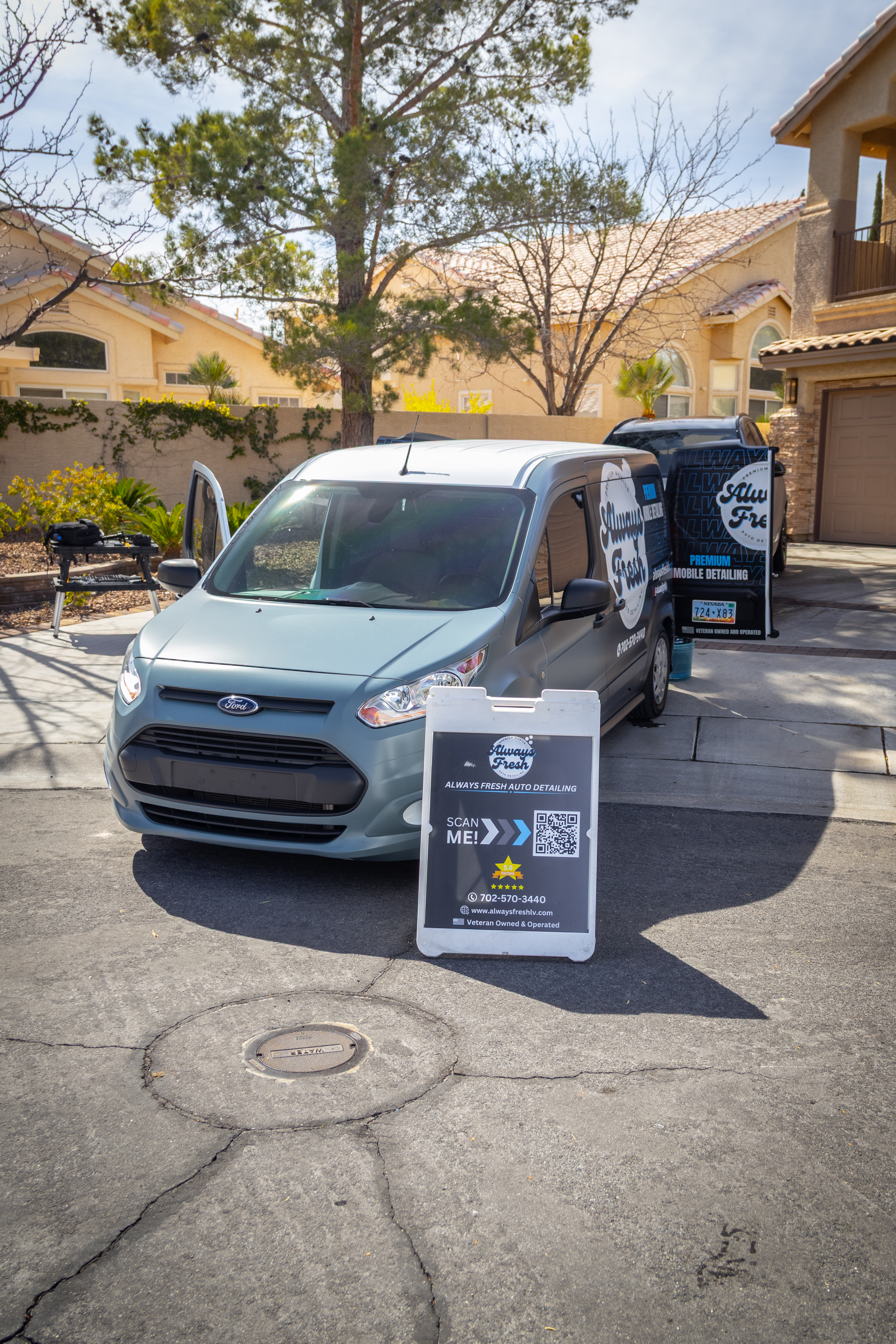 Always Fresh LV branded mobile detailing van set up at a Las Vegas residence