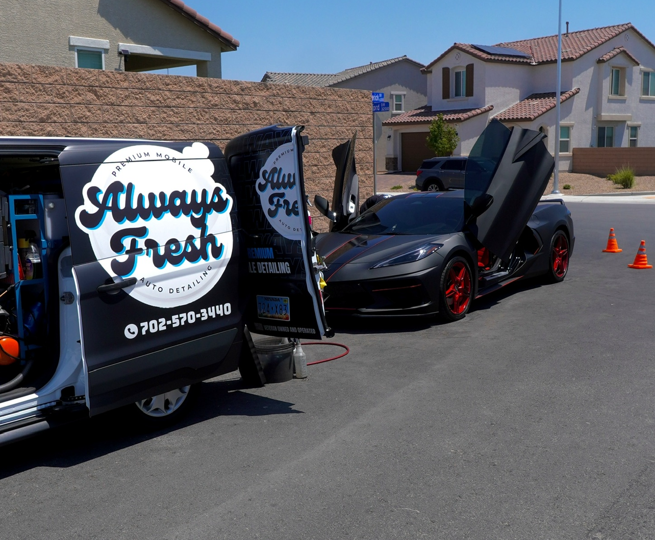 Always Fresh LV mobile van next to Corvette with scissor doors